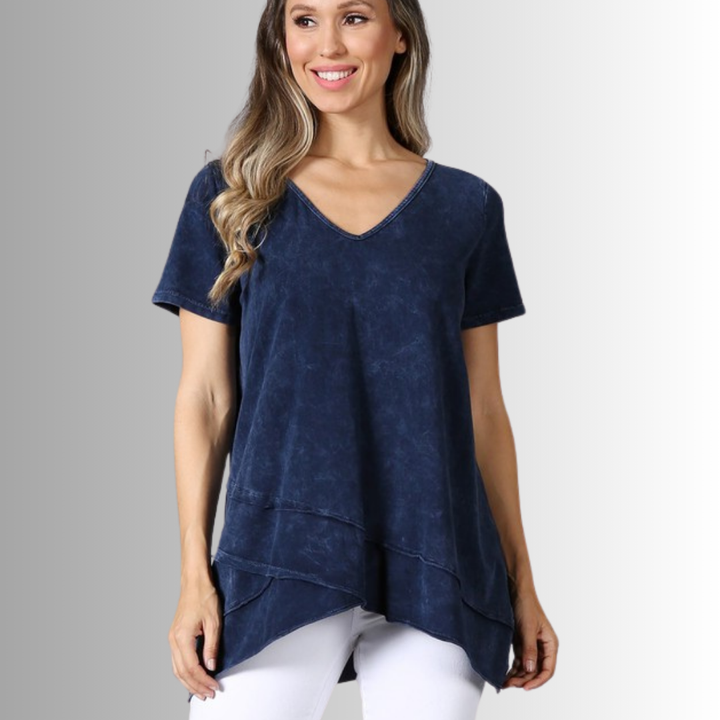 Made in USA Ladies High Low Hem Casual Cotton Tee in Mineral Washed Navy Blue Top Proudly Made in USA | Classy Cozy Cool Women's Made in America Boutique