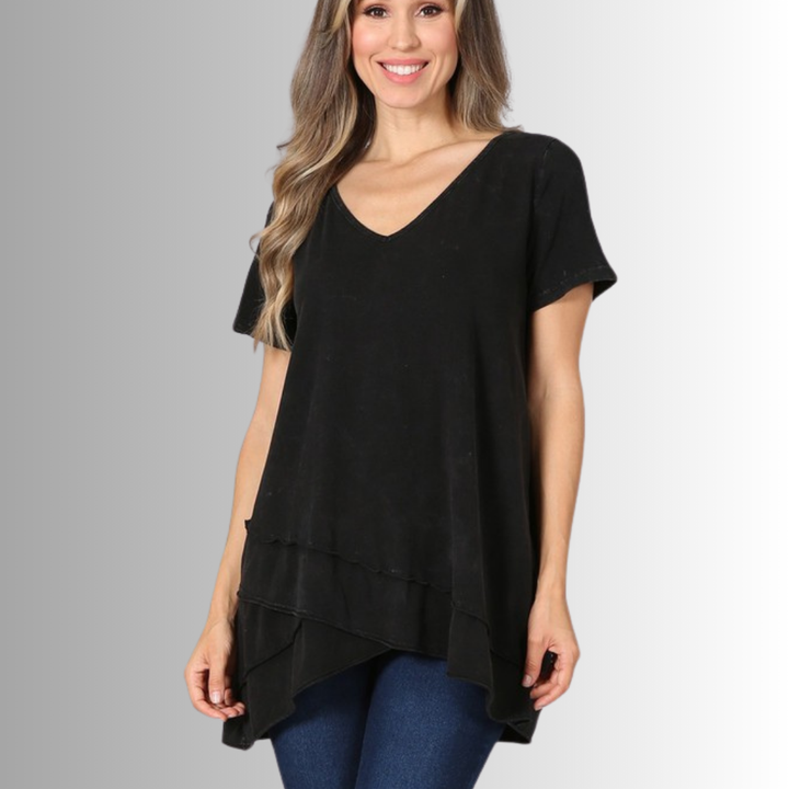 Made in USA Ladies High Low Hem Casual Cotton Tee in Mineral Washed Black, Proudly Made in USA | Classy Cozy Cool Women's Made in America Boutique