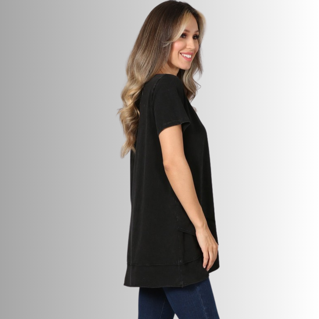 Made in USA Ladies High Low Hem Casual Cotton Tee in Mineral Washed Black, Proudly Made in USA | Classy Cozy Cool Women's Made in America Boutique