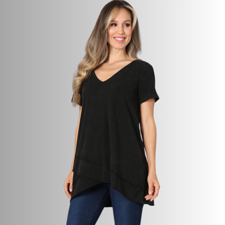 Made in USA Ladies High Low Hem Casual Cotton Tee in Mineral Washed Black, Proudly Made in USA | Classy Cozy Cool Women's Made in America Boutique