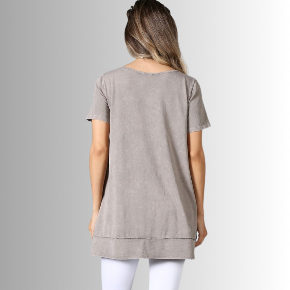 Made in USA Ladies High Low Hem Casual Cotton Tee in Mineral Washed Desert Taupe, Proudly Made in USA | Classy Cozy Cool Women's Made in America Boutique