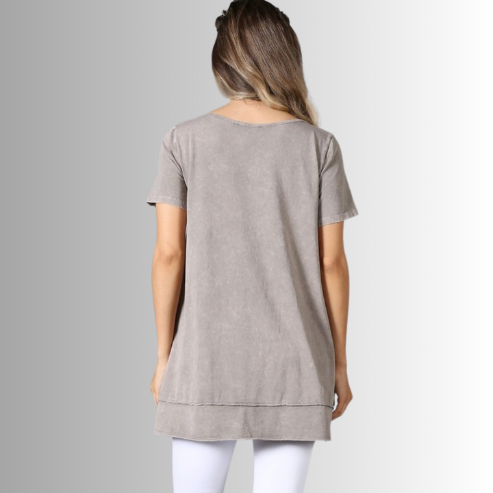 Made in USA Ladies High Low Hem Casual Cotton Tee in Mineral Washed Desert Taupe, Proudly Made in USA | Classy Cozy Cool Women's Made in America Boutique