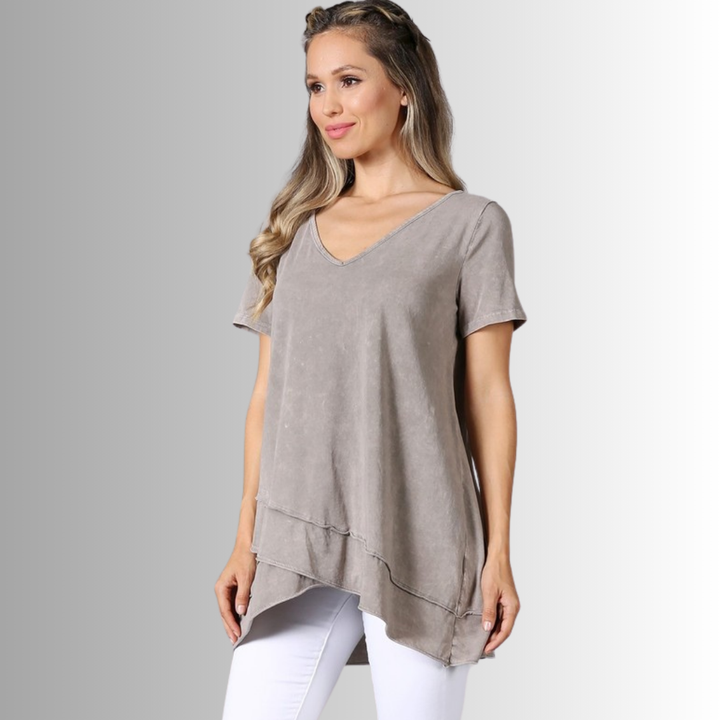 Made in USA Ladies High Low Hem Casual Cotton Tee in Mineral Washed Desert Taupe, Proudly Made in USA | Classy Cozy Cool Women's Made in America Boutique