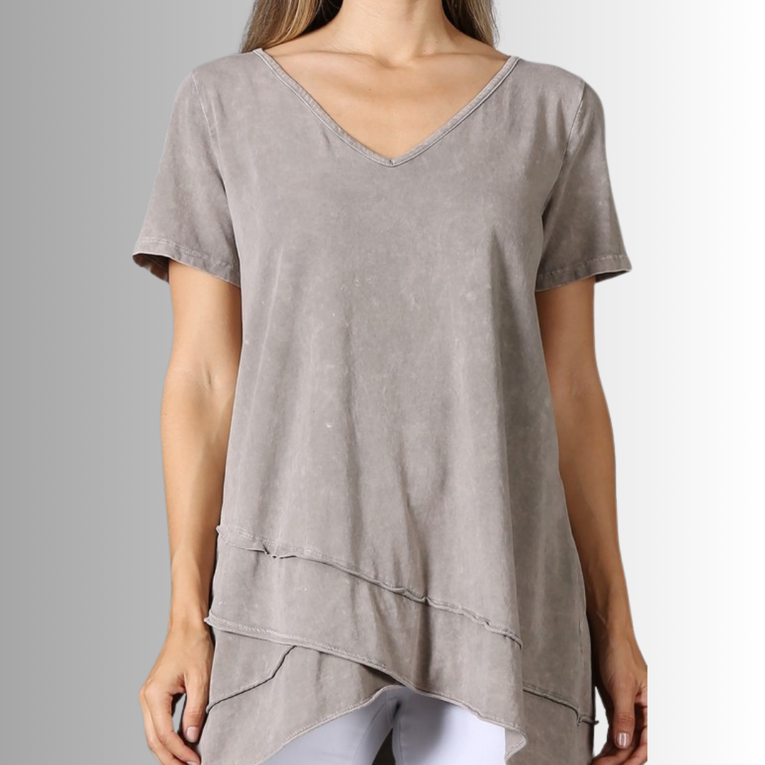 Made in USA Ladies High Low Hem Casual Cotton Tee in Mineral Washed Desert Taupe, Proudly Made in USA | Classy Cozy Cool Women's Made in America Boutique