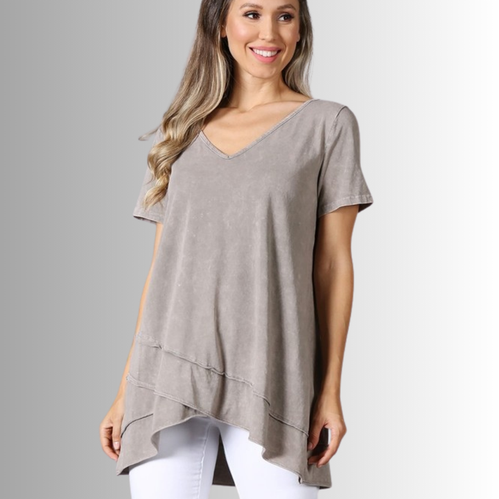 Made in USA Ladies High Low Hem Casual Cotton Tee in Mineral Washed Desert Taupe, Proudly Made in USA | Classy Cozy Cool Women's Made in America Boutique