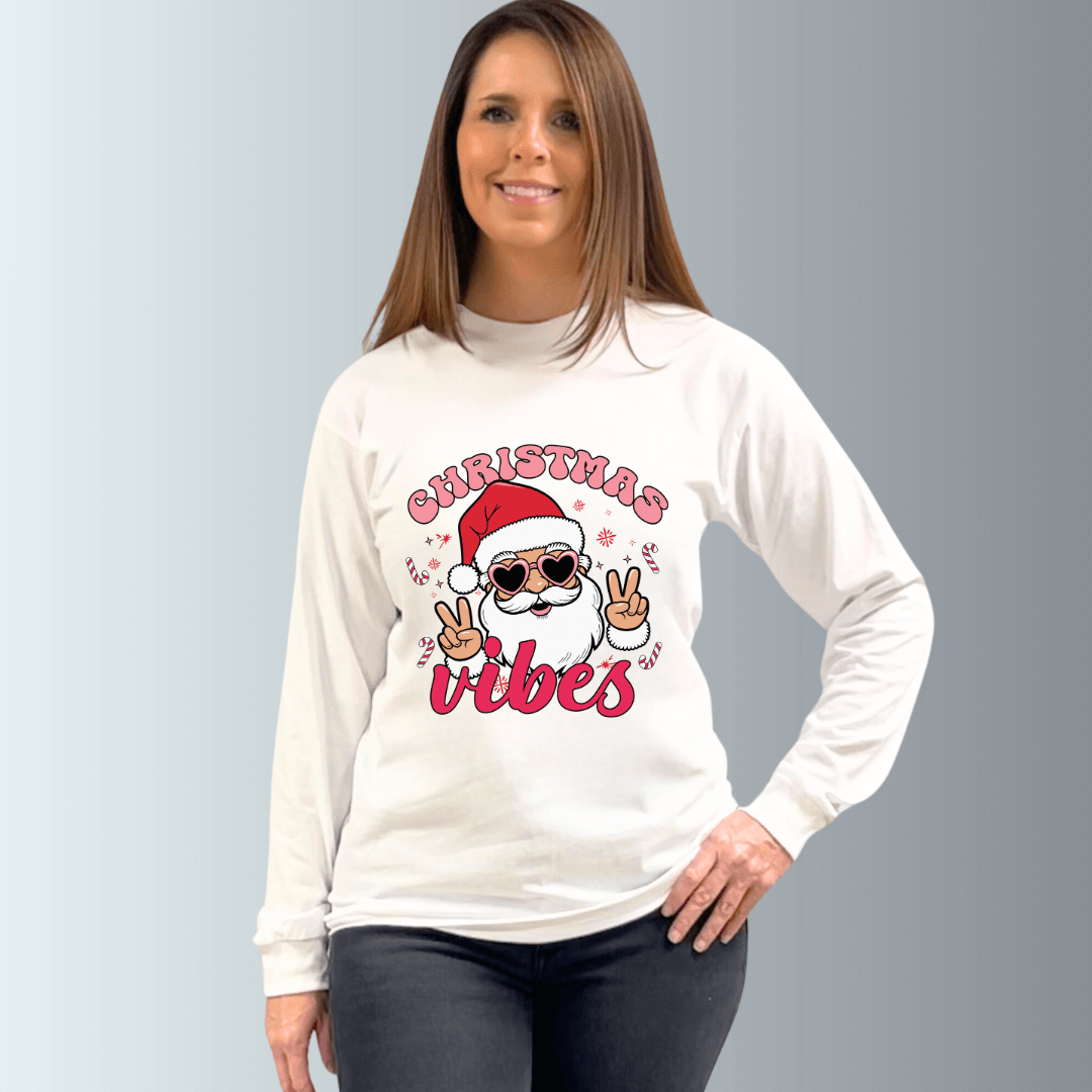 Made in USA Women's Christmas Vibes Graphic with Santa in Sunglasses on Long Sleeve White Tee, 100% Cotton | Classy Cozy Cool Made in America Boutique