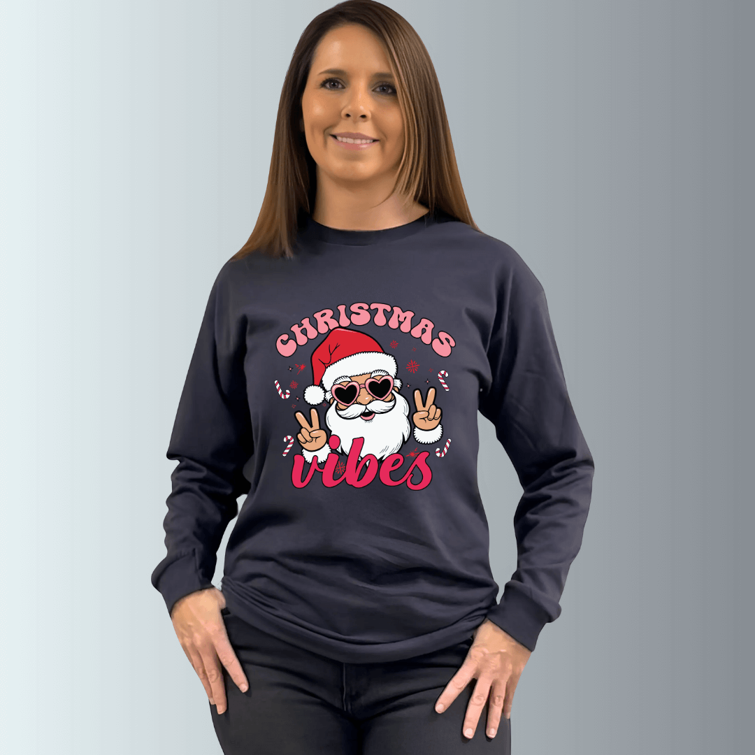 Made in USA Women's Christmas Vibes Graphic with Santa in Sunglasses on Long Sleeve Navy Tee, 100% Cotton | Classy Cozy Cool Made in America Boutique