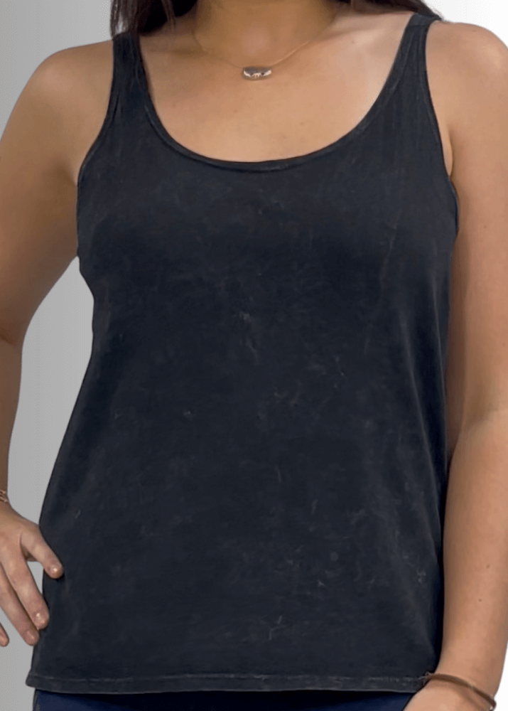 Twenty Four Seven Tank Top | Women's Sustainable and durable premium America-made cotton tank top, in Mineral Washed Vintage Dark Moss Green Color, Wide Round Neck, Loose Fit, Perfect for Layering | Classy Cozy Cool Style C11315
