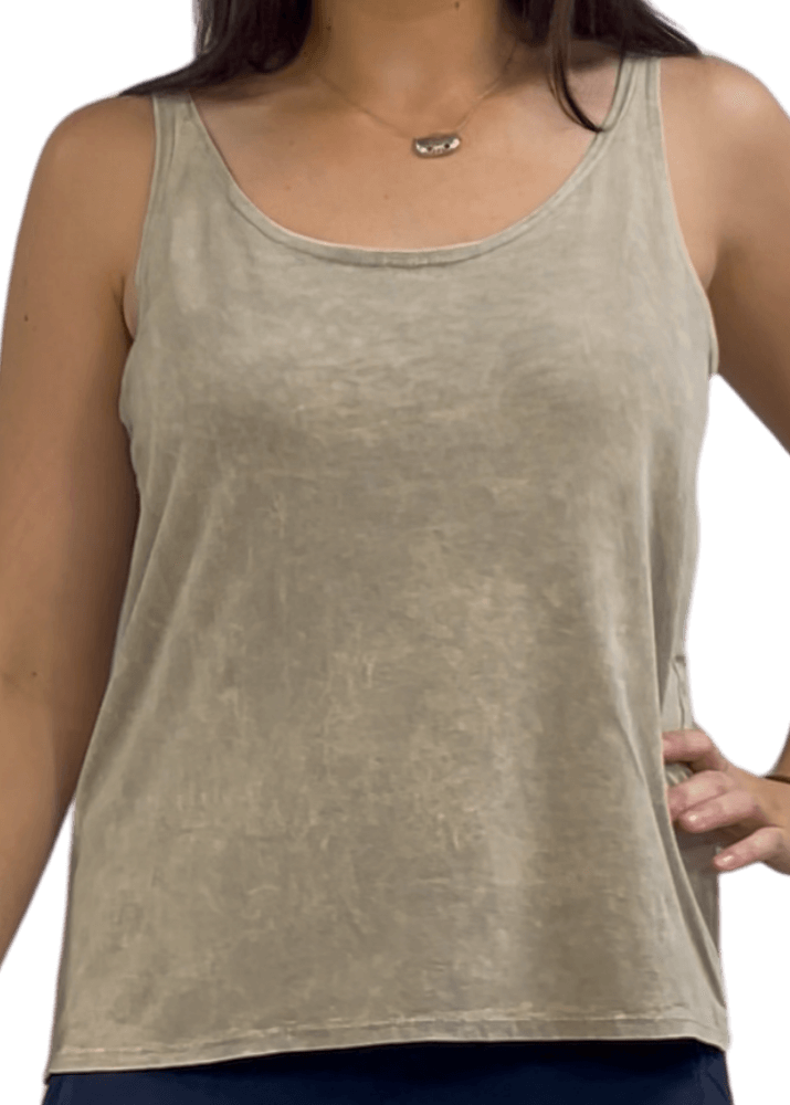 Twenty Four Seven Tank Top | Women's Sustainable and durable premium America-made cotton tank top, in Mineral Washed Vintage Dark Moss Green Color, Wide Round Neck, Loose Fit, Perfect for Layering | Classy Cozy Cool Style C11315