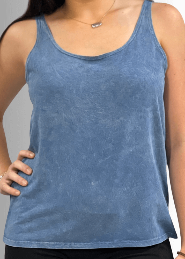 Twenty Four Seven Tank Top | Women's Sustainable and durable premium America-made cotton tank top, in Mineral Washed Vintage Dark Moss Green Color, Wide Round Neck, Loose Fit, Perfect for Layering | Classy Cozy Cool Style C11315