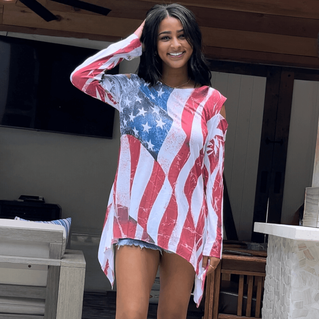USA Made Women's Patriotic American Flag Cold Shoulder Asymmetrical Hem Tunic Distressed American Flag Graphic | Classy Cozy Cool Women's Made in America Boutique