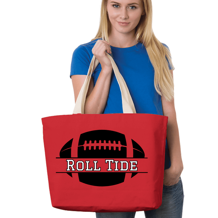 Made in USA Women's Personalized College Football Canvas Tote in Natural, Fuchsia, or Red,  with Personalized Initial, 100% Cotton Canvas Extra Long Natural Web Handles | Classy Cozy Cool Made in America Boutique