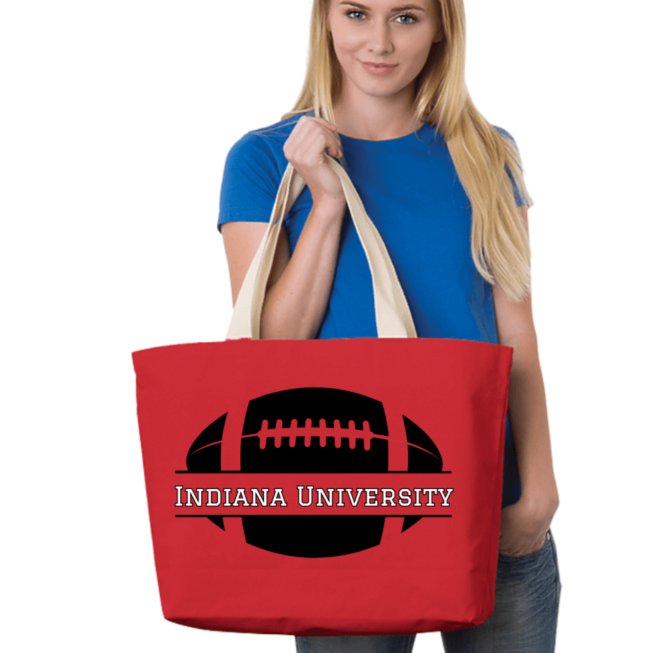 Made in USA Women's Personalized College Football Canvas Tote in Natural, Fuchsia, or Red,  with Personalized Initial, 100% Cotton Canvas Extra Long Natural Web Handles | Classy Cozy Cool Made in America Boutique