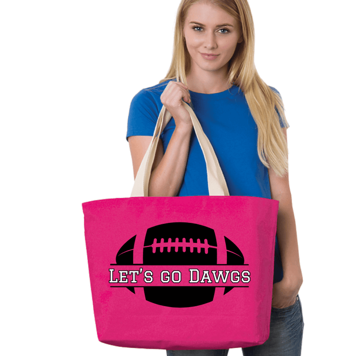 Made in USA Women's Personalized College Football Canvas Tote in Natural, Fuchsia, or Red,  with Personalized Initial, 100% Cotton Canvas Extra Long Natural Web Handles | Classy Cozy Cool Made in America Boutique