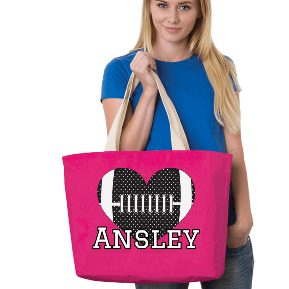 Made in USA Women's Personalized College Football Canvas Tote in Natural, Fuchsia, or Red,  with Personalized Initial, 100% Cotton Canvas Extra Long Natural Web Handles | Classy Cozy Cool Made in America Boutique