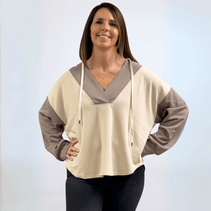 Made in USA Women's Contrast Oversized Hoodie Sweatshirt Hoodie with Drawstring, Deep V-Neck, Drop Shoulder, 2-Tone Contrast Available in Sage/White and Beige/Taupe | Classy Cozy Cool Made in America Boutique