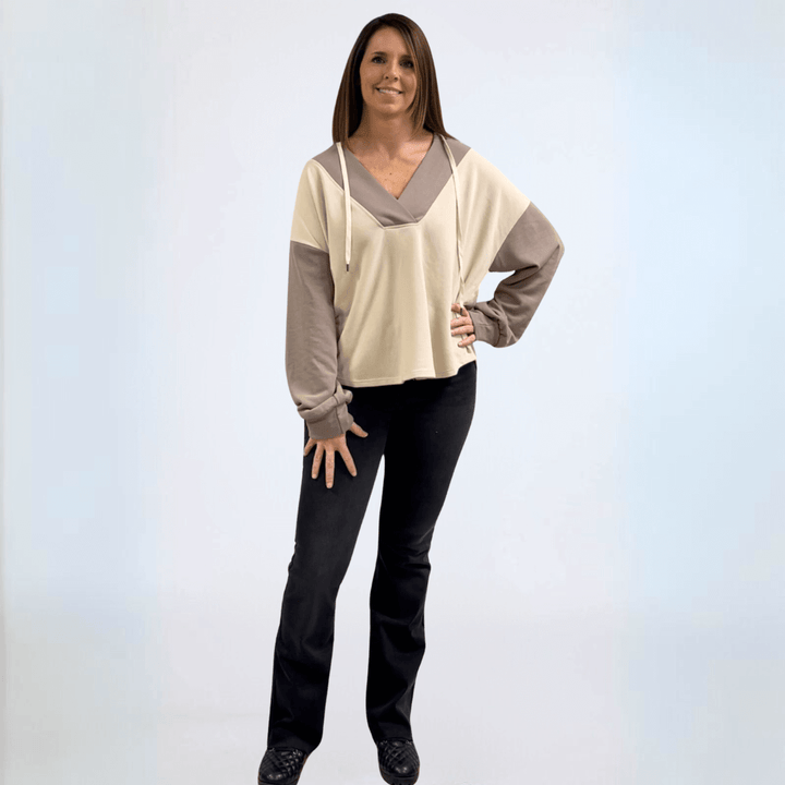 Made in USA Women's Contrast Oversized Hoodie Sweatshirt Hoodie with Drawstring, Deep V-Neck, Drop Shoulder, 2-Tone Contrast Available in Sage/White and Beige/Taupe | Classy Cozy Cool Made in America Boutique