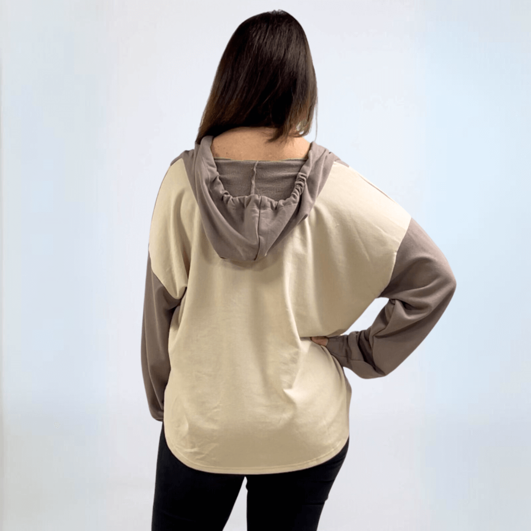 Made in USA Women's Contrast Oversized Hoodie Sweatshirt Hoodie with Drawstring, Deep V-Neck, Drop Shoulder, 2-Tone Contrast Available in Sage/White and Beige/Taupe | Classy Cozy Cool Made in America Boutique