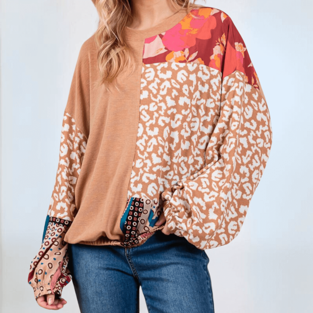 Made in USA Women's Mixed Media Color Block Animal and Floral Print Long Sleeve Relaxed Fit Top with Elastic Cuffs and Elastic Banded Hem | Classy Cozy Cool Made in America Boutique