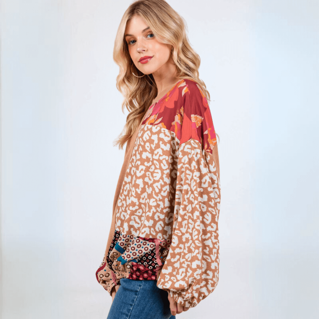 Made in USA Women's Mixed Media Color Block Animal and Floral Print Long Sleeve Relaxed Fit Top with Elastic Cuffs and Elastic Banded Hem | Classy Cozy Cool Made in America Boutique