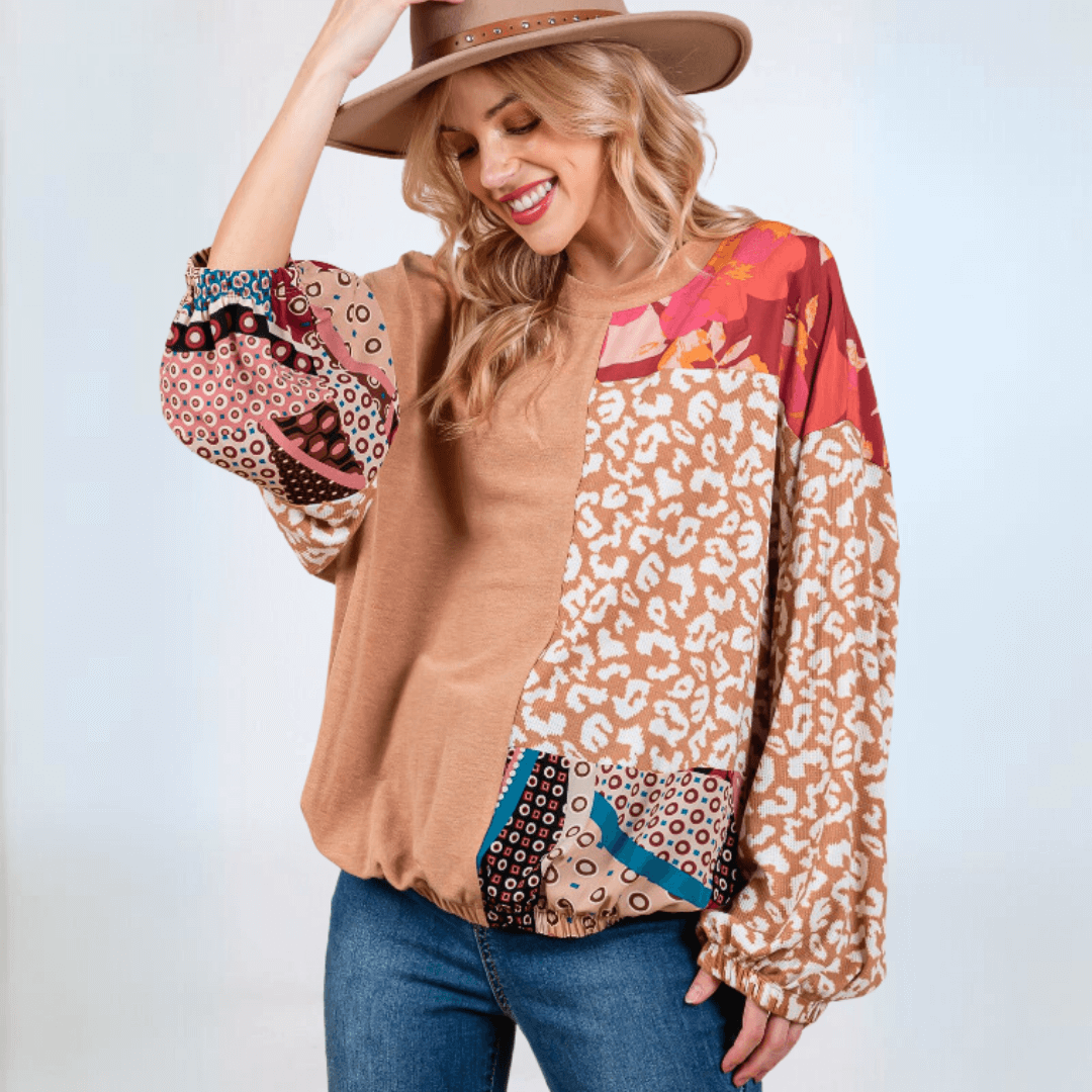 Made in USA Women's Mixed Media Color Block Animal and Floral Print Long Sleeve Relaxed Fit Top with Elastic Cuffs and Elastic Banded Hem | Classy Cozy Cool Made in America Boutique