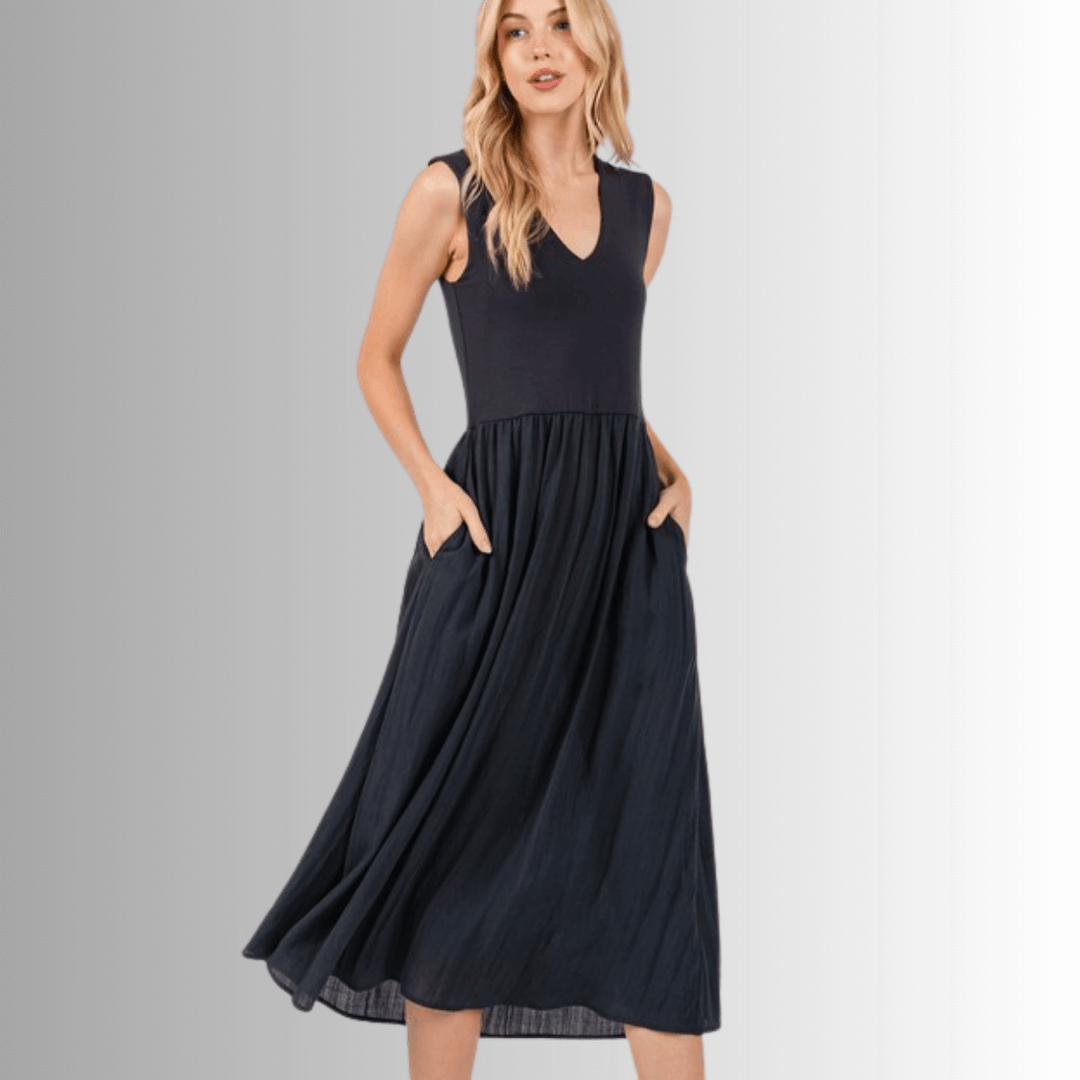 Made in USA Women's  Sleeveless Contrast Midi Dress in Ebony, V-Neck, Side Pockets, Cross Hatch Rayon, Rayon Modal, Machine Wash, Style ND40944 | Classy Cozy Cool Made in America Boutique