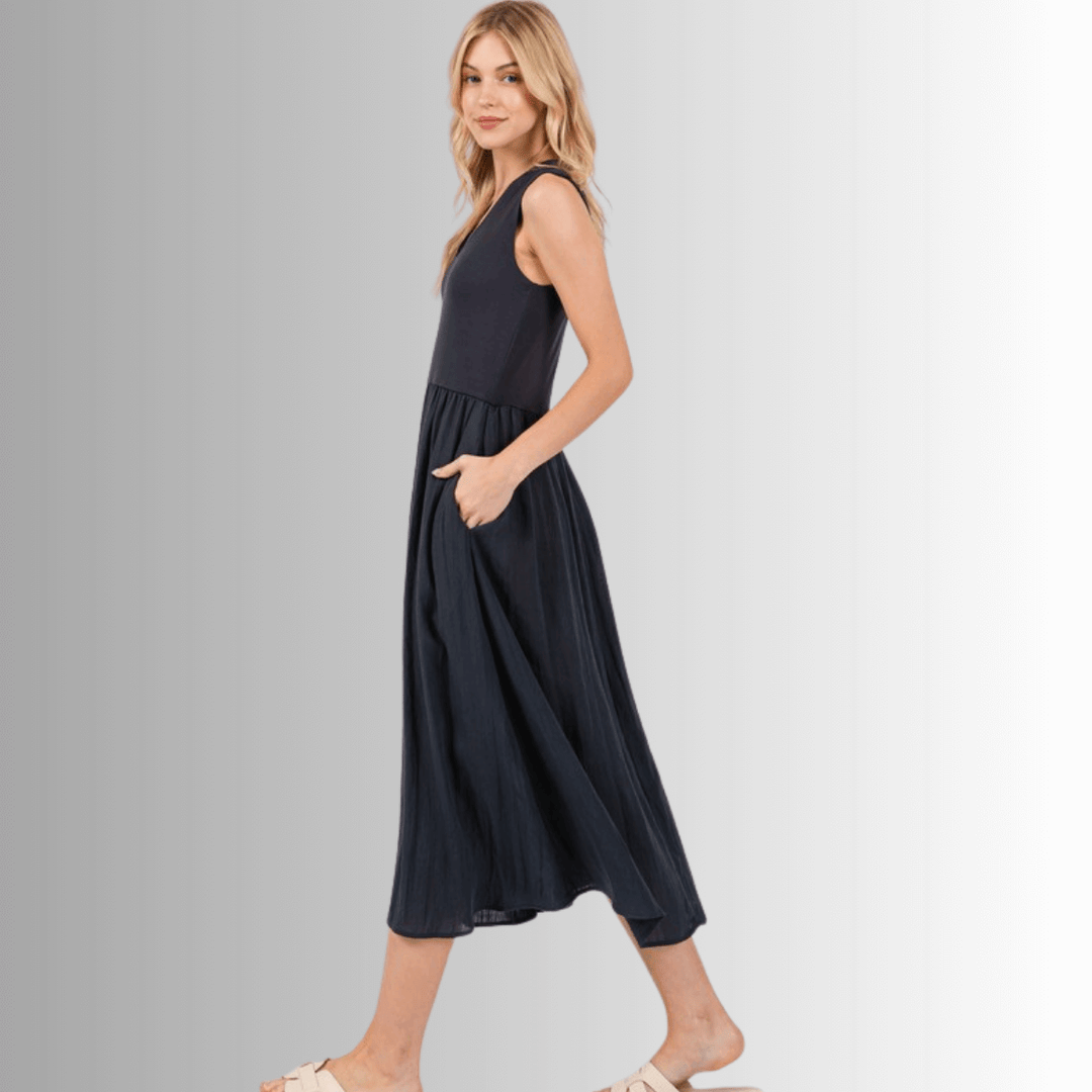 Made in USA Women's  Sleeveless Contrast Midi Dress in Ebony, V-Neck, Side Pockets, Cross Hatch Rayon, Rayon Modal, Machine Wash, Style ND40944 | Classy Cozy Cool Made in America Boutique