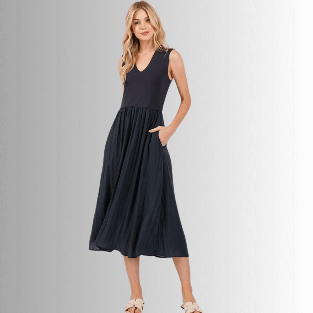 Made in USA Women's  Sleeveless Contrast Midi Dress in Ebony, V-Neck, Side Pockets, Cross Hatch Rayon, Rayon Modal, Machine Wash, Style ND40944 | Classy Cozy Cool Made in America Boutique