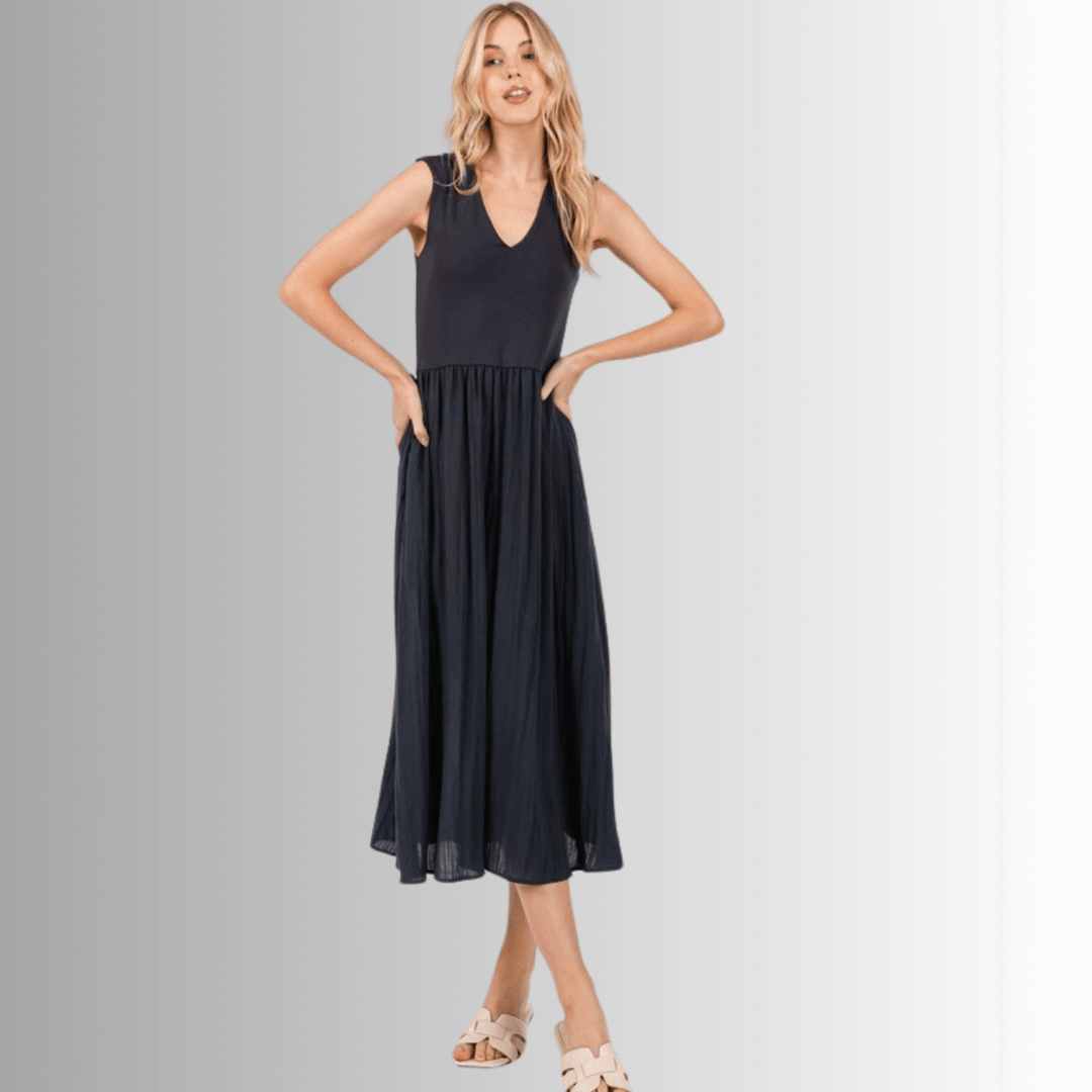 Made in USA Women's  Sleeveless Contrast Midi Dress in Ebony, V-Neck, Side Pockets, Cross Hatch Rayon, Rayon Modal, Machine Wash, Style ND40944 | Classy Cozy Cool Made in America Boutique