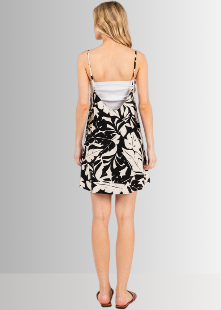 Made in USA Women's Cora Black and White Tropical Print Square Neck Front, V-Neck Back Mini Dress, Adjustable Tie on Back | Classy Cozy Cool Made in America Boutique