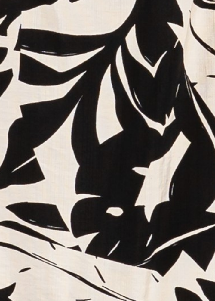 Made in USA Women's Cora Black and White Tropical Print Square Neck Front, V-Neck Back Mini Dress, Adjustable Tie on Back | Classy Cozy Cool Made in America Boutique