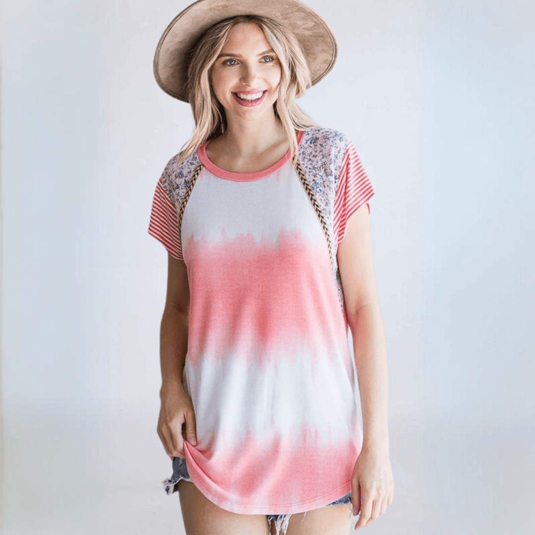 USA Made Women's Cute Summer Tie Dye Top, Coral & White, Floral Contrast at Shoulder, Braided Trim Detail | Classy Cozy Cool Made in America Boutique