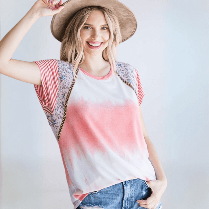 USA Made Women's Cute Summer Tie Dye Top, Coral & White, Floral Contrast at Shoulder, Braided Trim Detail | Classy Cozy Cool Made in America Boutique