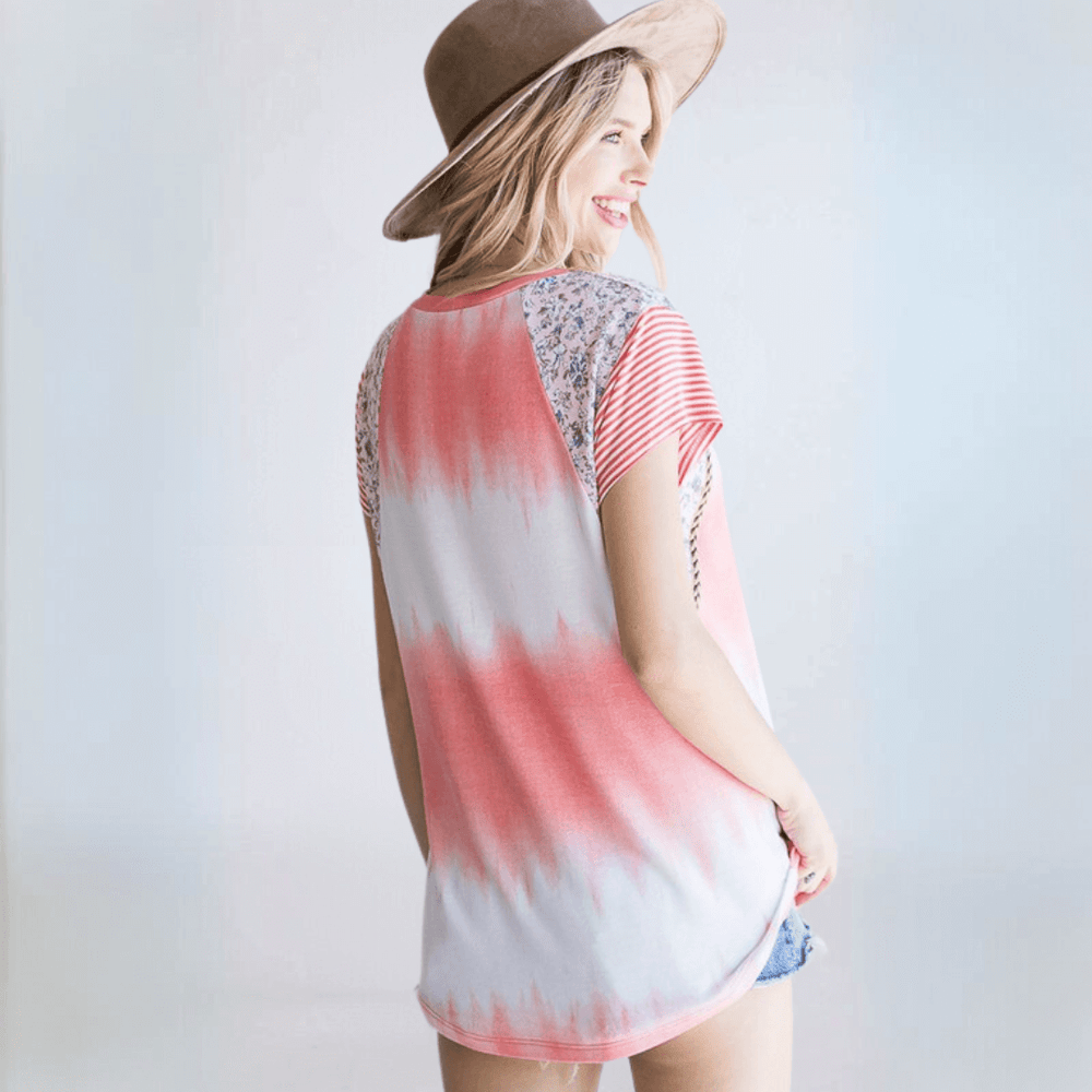 USA Made Women's Cute Summer Tie Dye Top, Coral & White, Floral Contrast at Shoulder, Braided Trim Detail | Classy Cozy Cool Made in America Boutique