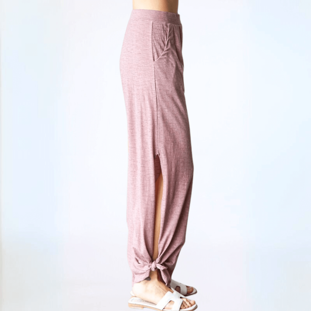 Made in USA Women's Lightweight Tie Hem Pants with Pockets in Marsala Color | Boho style casual pants | Classy Cozy Cool Made in America Clothing Boutique