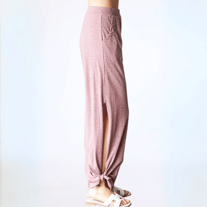 Made in USA Women's Lightweight Tie Hem Pants with Pockets in Marsala Color | Boho style casual pants | Classy Cozy Cool Made in America Clothing Boutique