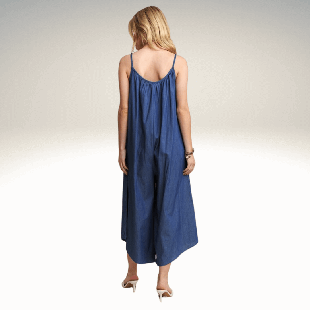 Women's Wide Leg Chambray Jumpsuit, Spaghetti Straps Cami Style, Cropped Length, Loose Fit, Denim Blue, 100% Cotton | Made in USA | Classy Cozy Cool Made in America Boutique