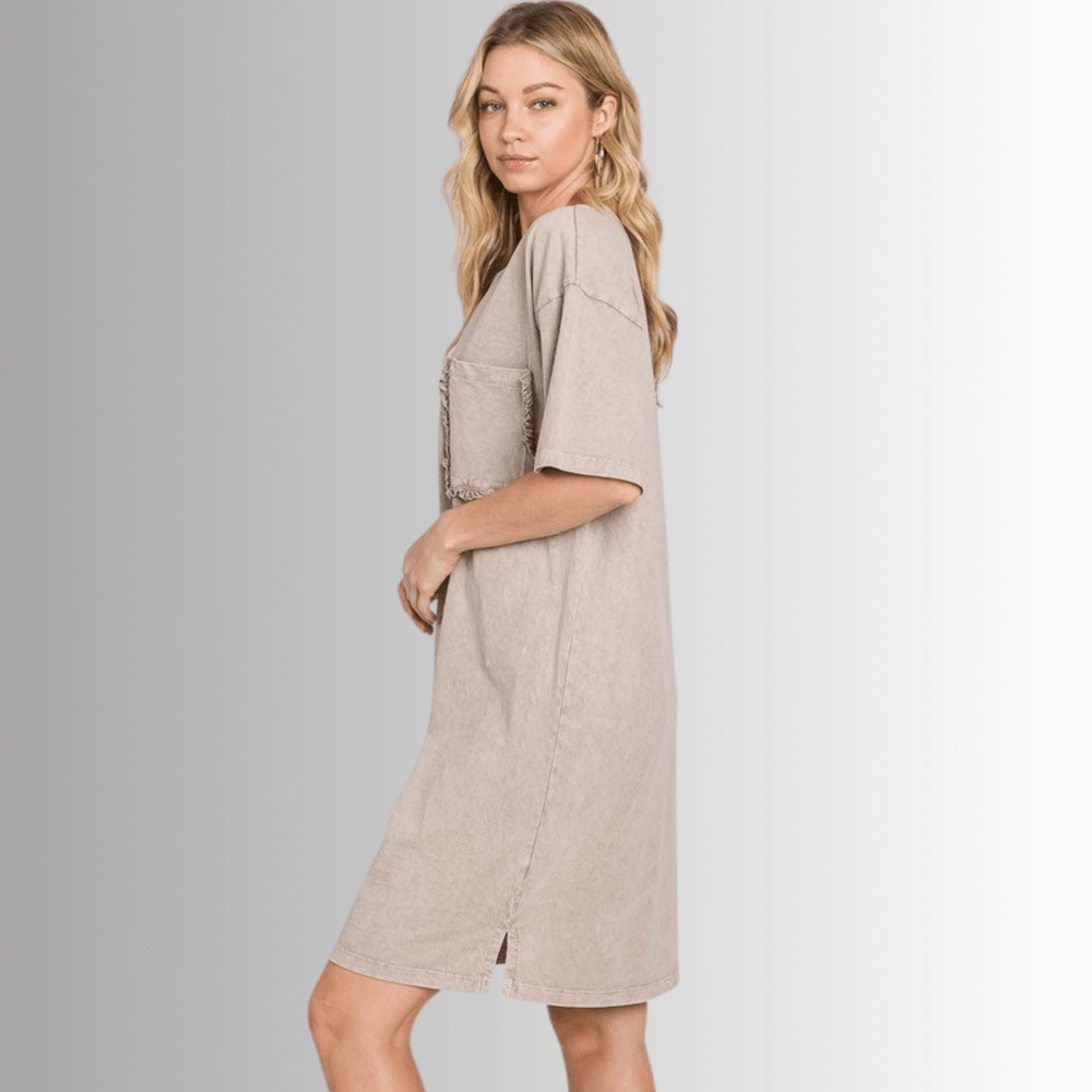 USA Made Women's Taupe Mineral Washed Cotton T-Shirt Knee Length Dress with Ruffled Front Pocket Detail, Premium Quality | Classy Cozy Cool Made in America Boutique