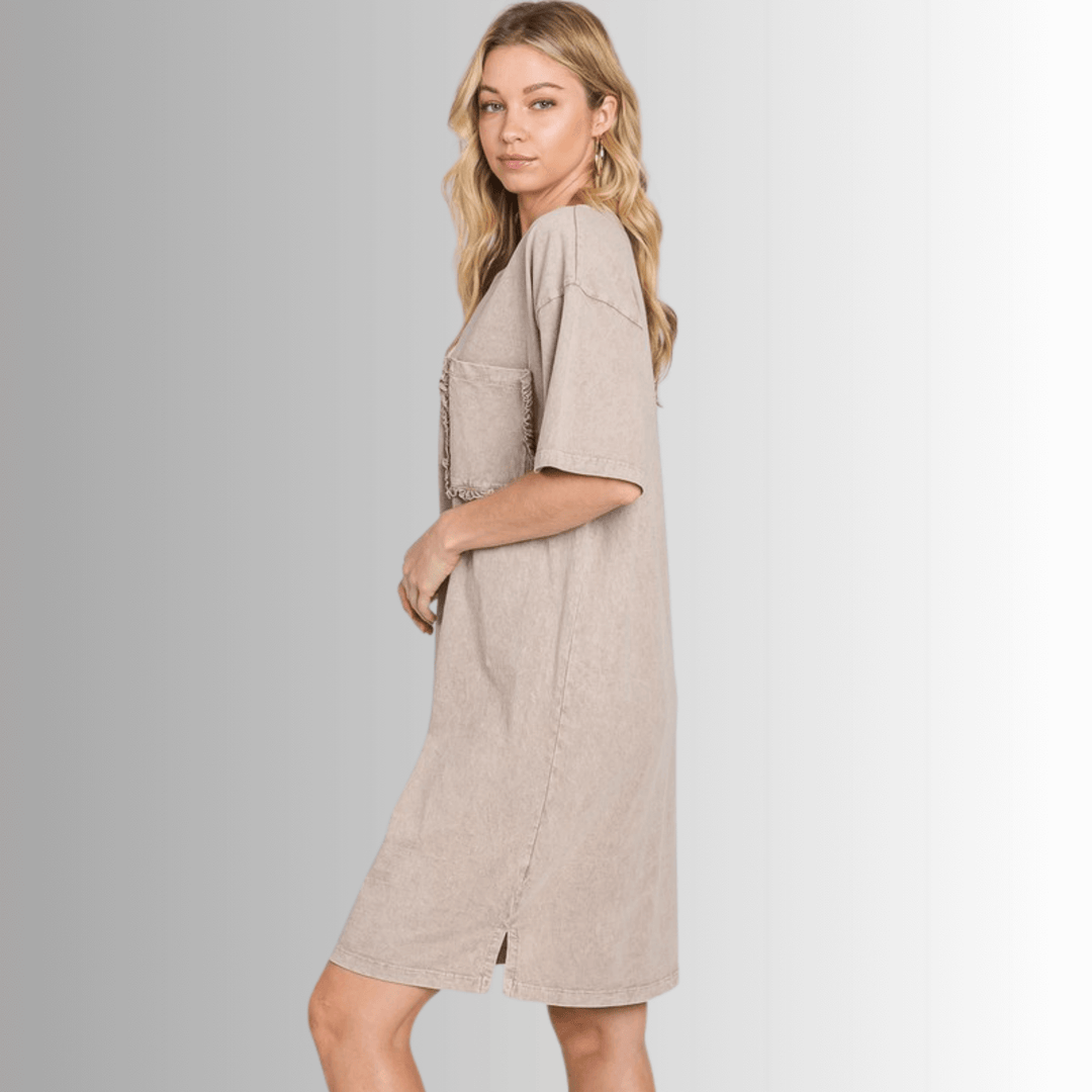 USA Made Women's Taupe Mineral Washed Cotton T-Shirt Knee Length Dress with Ruffled Front Pocket Detail, Premium Quality | Classy Cozy Cool Made in America Boutique