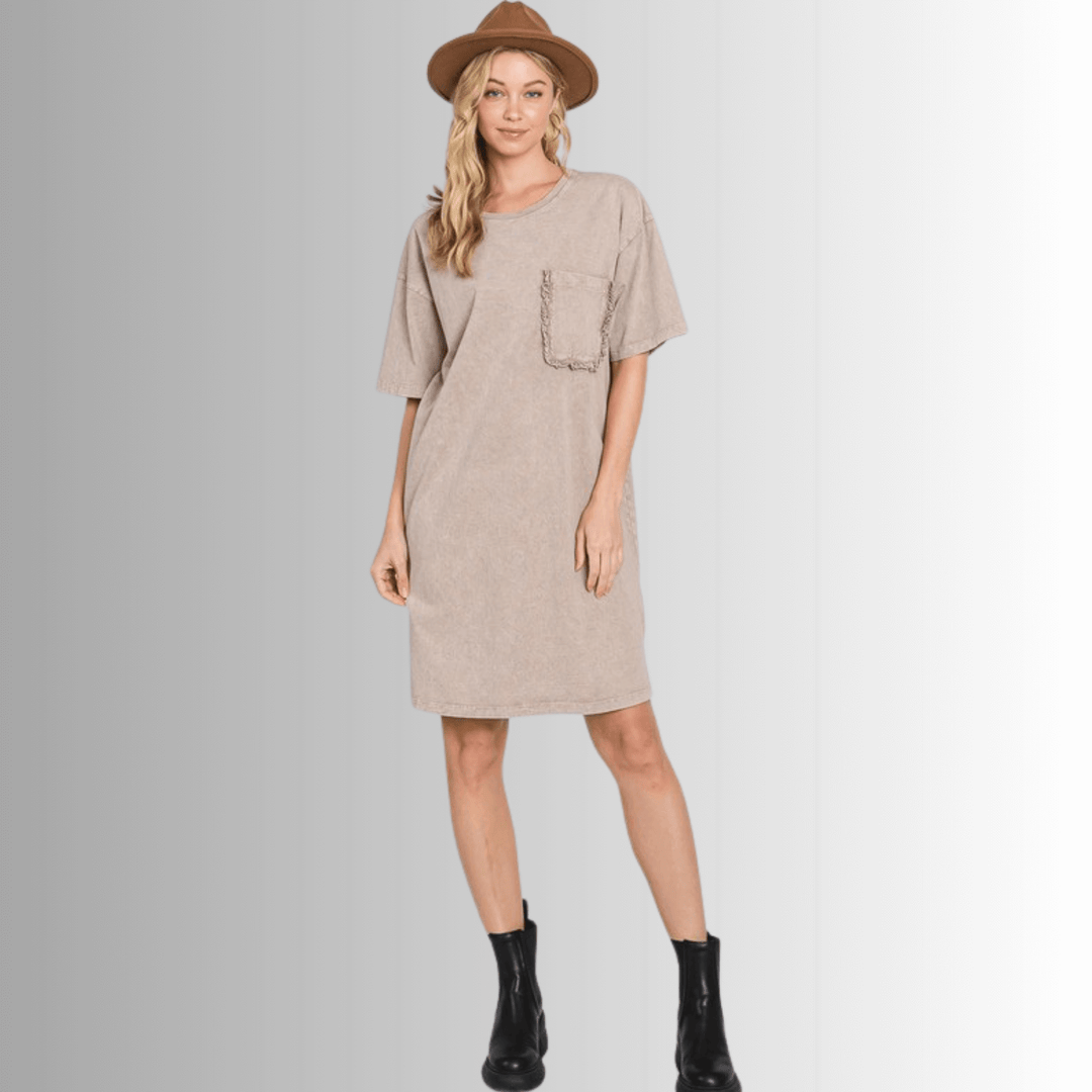 USA Made Women's Taupe Mineral Washed Cotton T-Shirt Knee Length Dress with Ruffled Front Pocket Detail, Premium Quality | Classy Cozy Cool Made in America Boutique