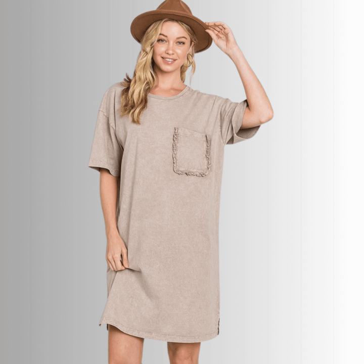 USA Made Women's Taupe Mineral Washed Cotton T-Shirt Knee Length Dress with Ruffled Front Pocket Detail, Premium Quality | Classy Cozy Cool Made in America Boutique