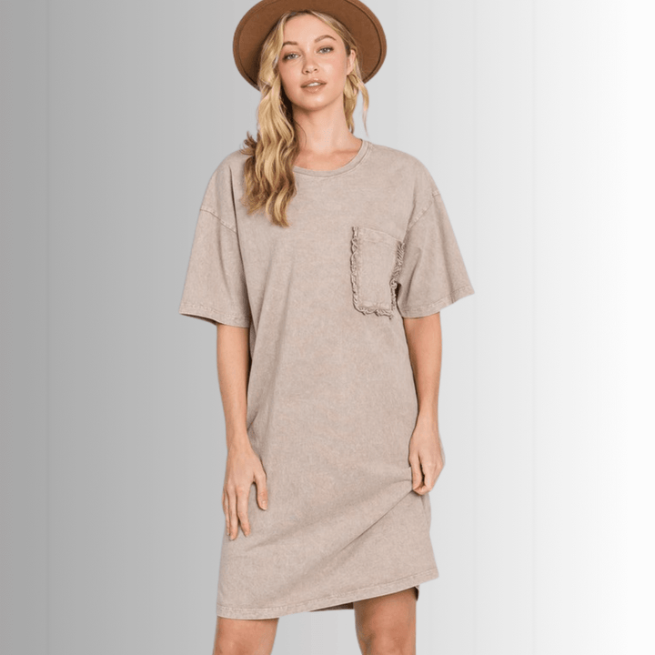 USA Made Women's Taupe Mineral Washed Cotton T-Shirt Knee Length Dress with Ruffled Front Pocket Detail, Premium Quality | Classy Cozy Cool Made in America Boutique