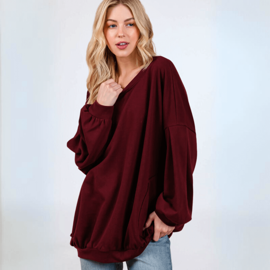 Made in USA Women's Cotton Blend French Terry Oversized Solid Knit Sweatshirt with Side Pockets, Longer Length, Medium Weight in Burgundy | Classy Cozy Cool Made in America Boutique