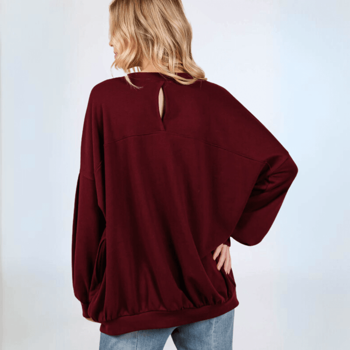 Made in USA Women's Cotton Blend French Terry Oversized Solid Knit Sweatshirt with Side Pockets, Longer Length, Medium Weight in Burgundy | Classy Cozy Cool Made in America Boutique