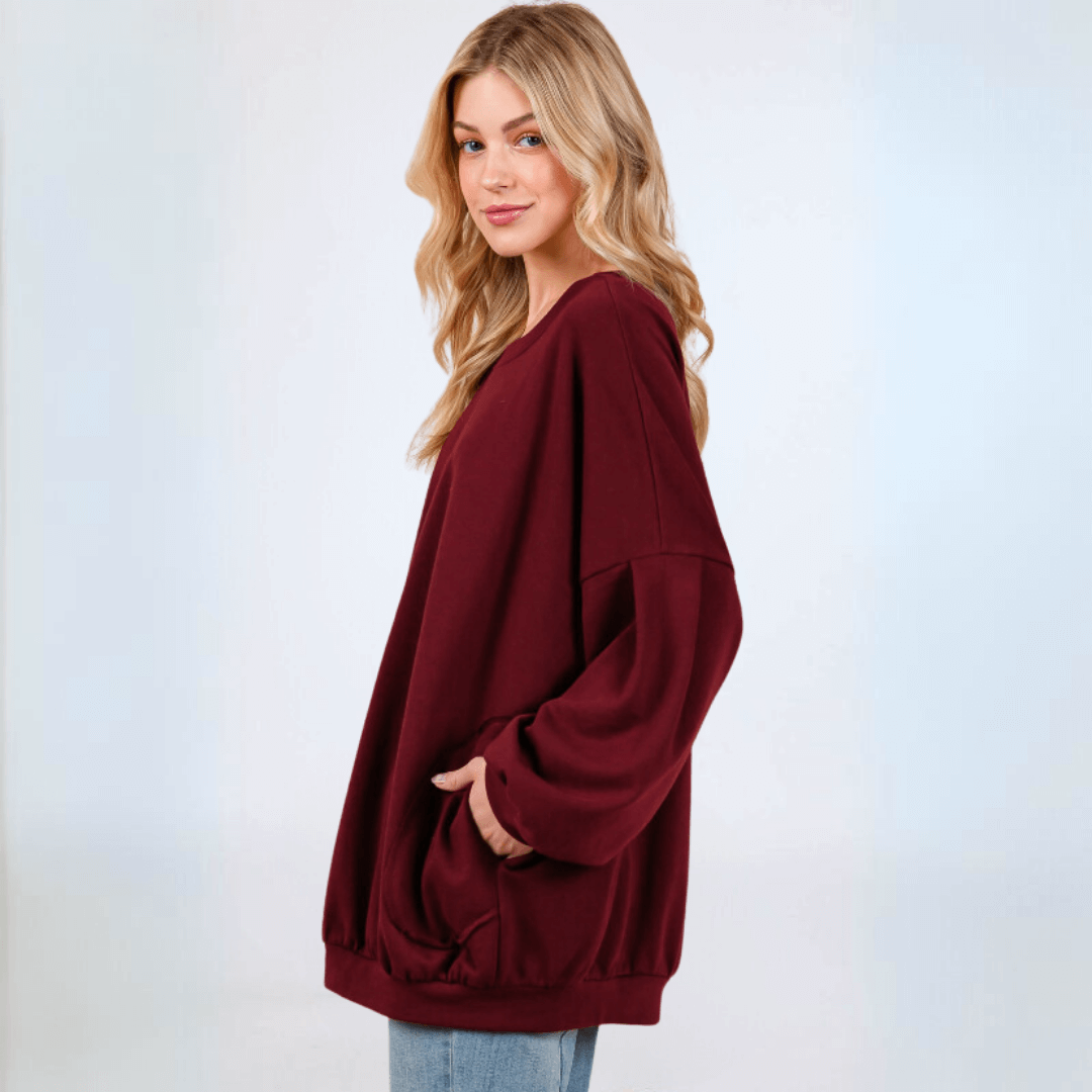 Made in USA Women's Cotton Blend French Terry Oversized Solid Knit Sweatshirt with Side Pockets, Longer Length, Medium Weight in Burgundy | Classy Cozy Cool Made in America Boutique