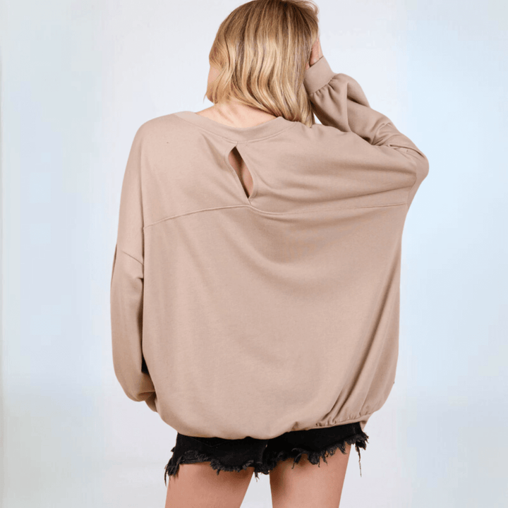 Made in USA Women's Cotton Blend French Terry Oversized Solid Knit Sweatshirt with Side Pockets, Longer Length, Medium Weight in Mocha Beige | Classy Cozy Cool Made in America Boutique