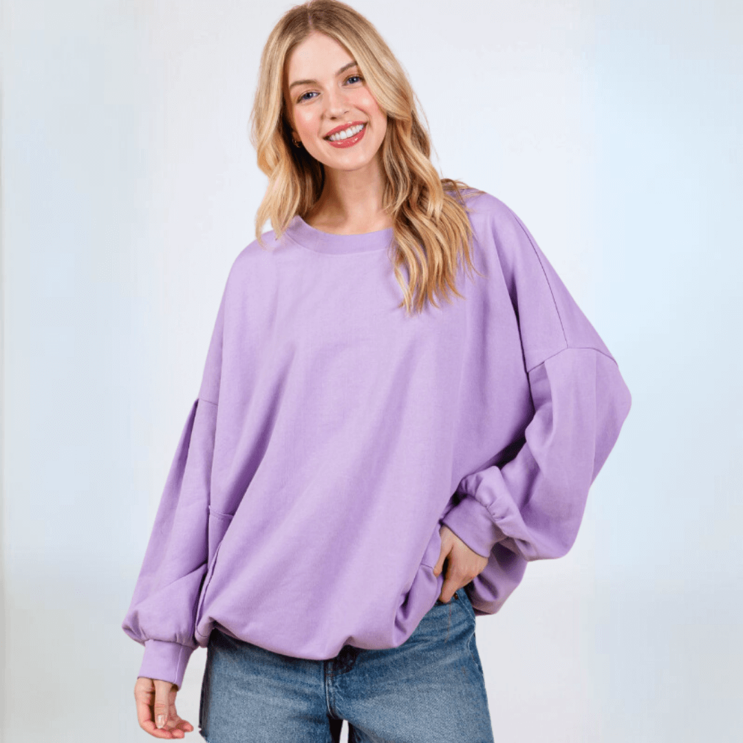 Made in USA Women's Cotton Blend French Terry Oversized Solid Knit Sweatshirt with Side Pockets, Longer Length, Medium Weight in Lavender | Classy Cozy Cool Made in America Boutique