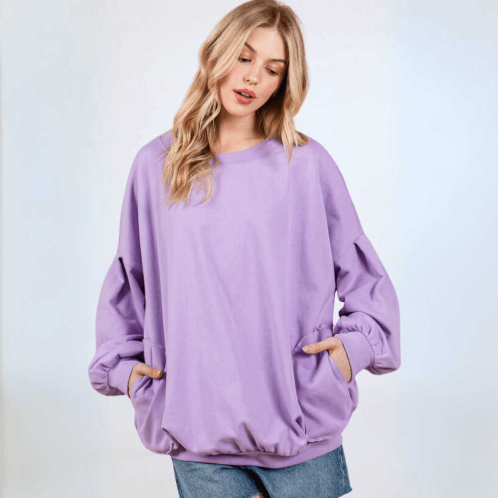 Made in USA Women's Cotton Blend French Terry Oversized Solid Knit Sweatshirt with Side Pockets, Longer Length, Medium Weight in Lavender | Classy Cozy Cool Made in America Boutique