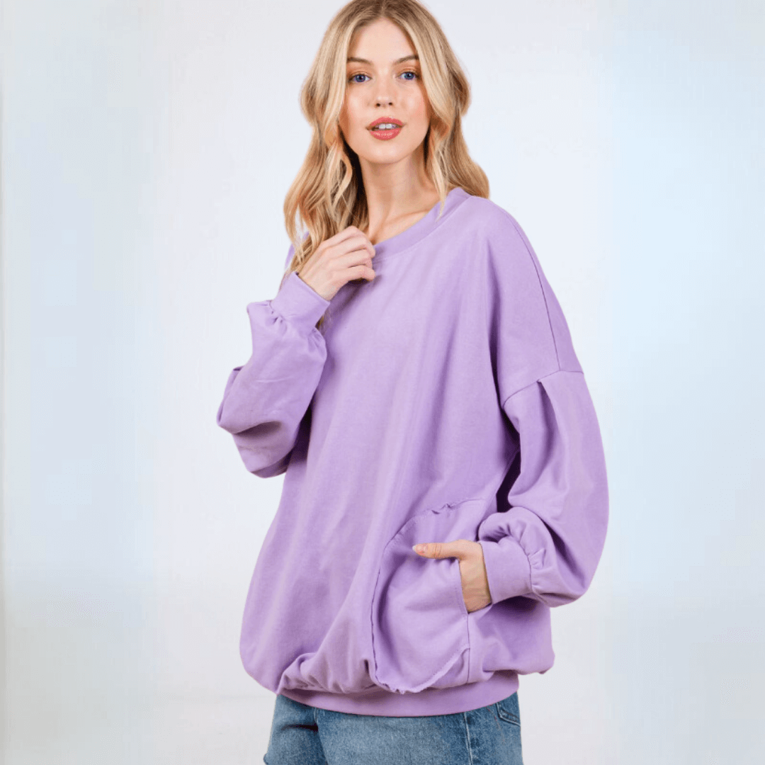 Made in USA Women's Cotton Blend French Terry Oversized Solid Knit Sweatshirt with Side Pockets, Longer Length, Medium Weight in Lavender | Classy Cozy Cool Made in America Boutique