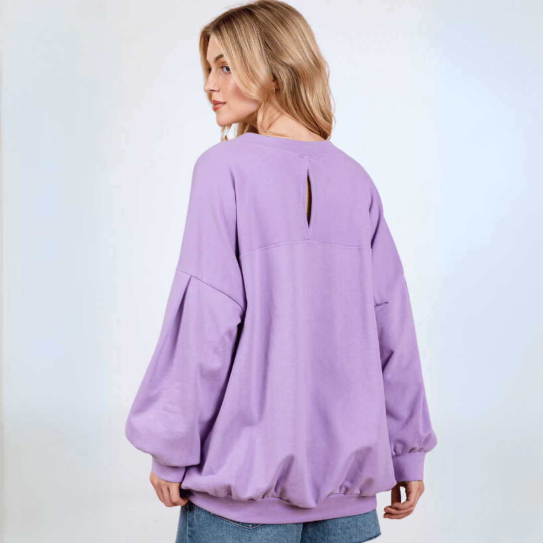 Made in USA Women's Cotton Blend French Terry Oversized Solid Knit Sweatshirt with Side Pockets, Longer Length, Medium Weight in Lavender | Classy Cozy Cool Made in America Boutique